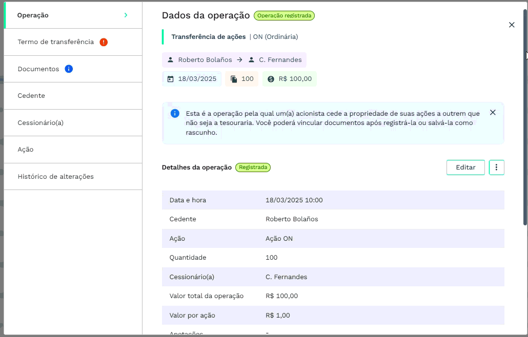 Operação de transferência 31.10.2025
